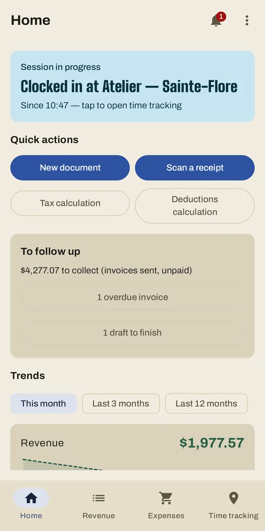 TAGO home screen: this month's revenue, shortcuts and getting started.