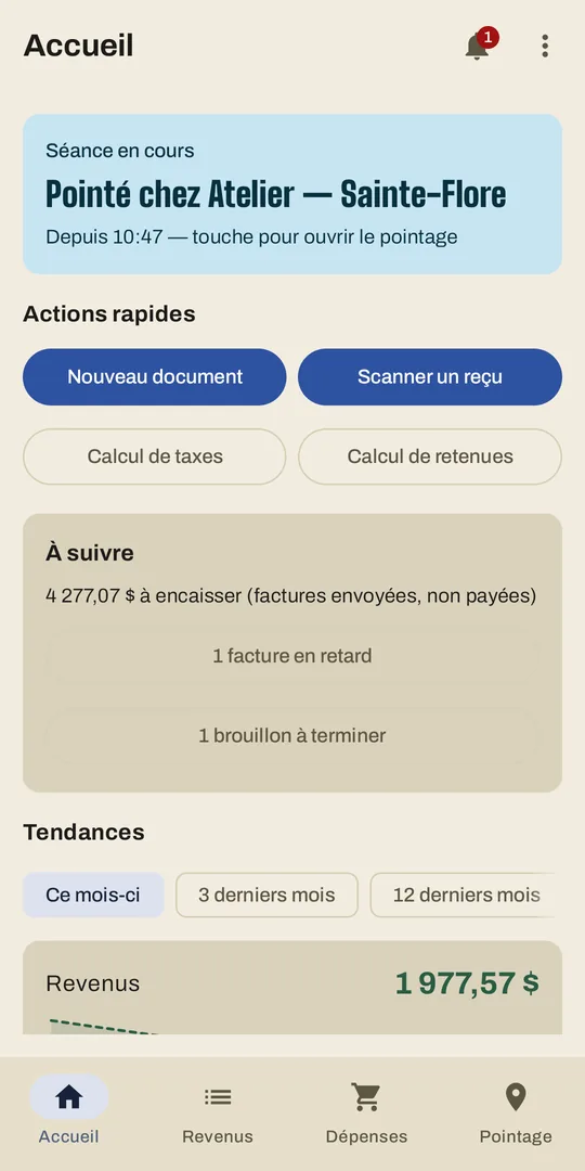 Écran d'accueil de TAGO : revenus du mois, raccourcis et premiers pas.