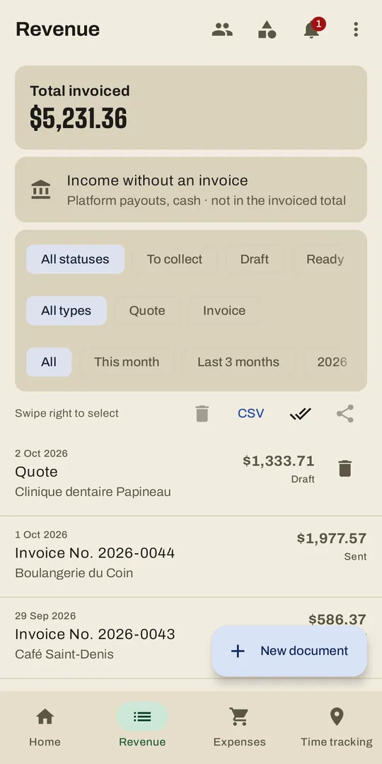 The revenue list: invoices and quotes with their status.