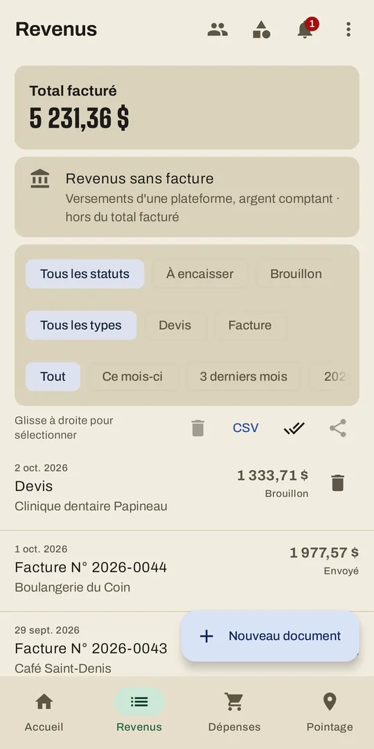 La liste des revenus : factures et soumissions avec leur statut.