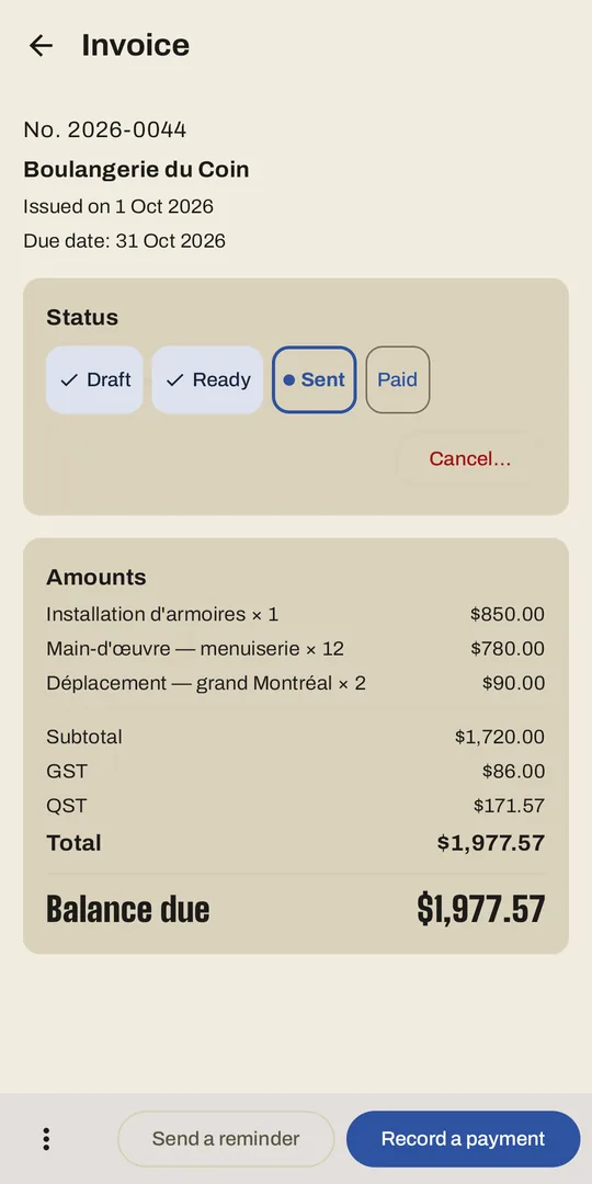 An invoice in TAGO, with GST and QST calculated.