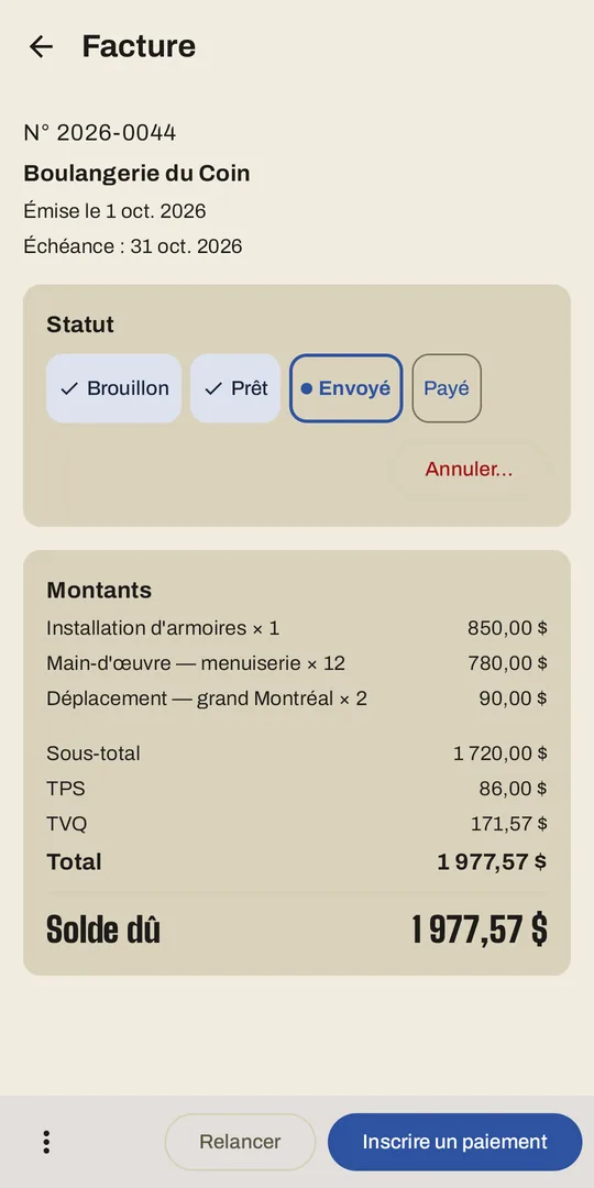 Une facture dans TAGO, avec TPS et TVQ calculées.