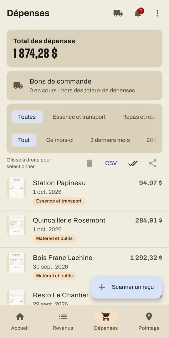 La liste des dépenses, chacune avec son reçu.