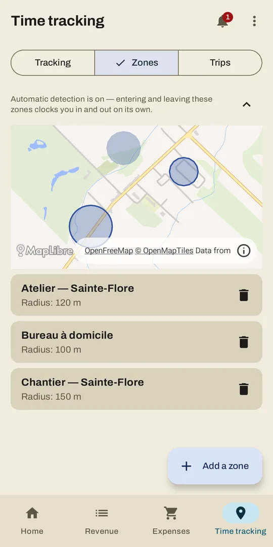 The Zones screen: a work site drawn on the map.