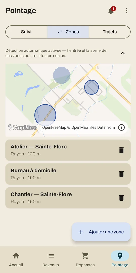 L'écran Zones : un lieu de travail dessiné sur la carte.